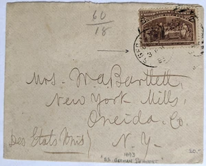 U.S.-German Sea Post--Mrs. Bartlett, New York Mills, NY, US/5-C. Comm. US/1893 - Picture 1 of 2