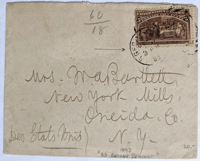 U.S.-German Sea Post--Mrs. Bartlett, New York Mills, NY, US/5-C. Comm. US/1893 - Image 1 of 2