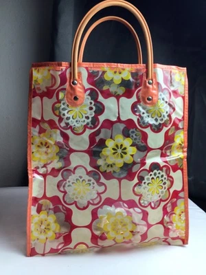 Vintage Orange Vinyl Floral Tote Shopping Bag Beach Flower 14x13" - Image 1 of 4