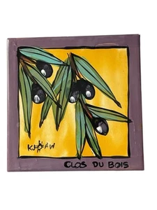 Trivet Signed Tile Art 6x6 Olives Clos du Bois Ceramic Pottery Purple Yellow - Picture 1 of 5