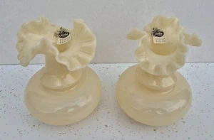 Pair Vintage Fenton Off White Glass 6” Crimped Edge Vase Almond Ruffled - Picture 1 of 16