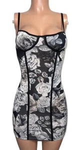 Y2K Black Floral Bodycon Stretchy Fitted Mini Cleavage Dress S Y2K Party Date - Picture 1 of 6