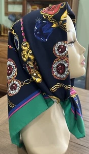 Vtg Quality Scarf 30" Sq Jewels Gold Chain Watch Toggle Red Pink Navy Blue Green - Picture 1 of 11