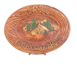 God Bless Our Home Faux Wood Platter Plate Cabin Cottage Décor 1954 Resin 11" US - Foto 1 di 17