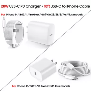 OEM Original iPhone 15 14 13 12 Pro Max Charger Cable 3/6/10ft 20W Power Adapter - Picture 1 of 19