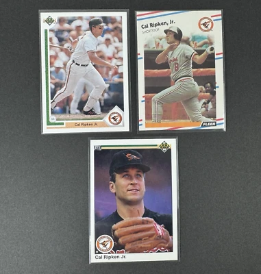 Lot of 3 Cal Ripken Jr Baseball Cards Orioles  1990 & 91 Upper Deck, 1988 Fleer - Image 1 of 4