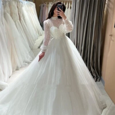 High Neck Wedding Dresses Beaded Long Sleeves Elegant Tulle Glitter Bridal Gowns - Image 1 of 4