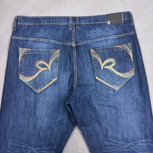 Rocawear Jeans Mens 42x34 Blue Embroidered Denim Pants Faded Washed Out Baggy - Picture 1 of 17
