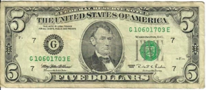 1995 5$ FRN - Small portrait w/ security thread - MEW/RER G10601703E - #15337 - Picture 1 of 2