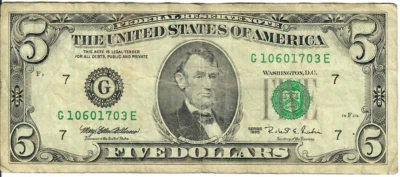 1995 5$ FRN - Small portrait w/ security thread - MEW/RER G10601703E - #15337 - Image 1 of 2