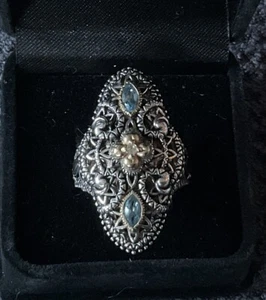 RARE Barbara Bixby Sterling Silver 18K Blue Topaz Statement Ring Art Nouveau 9 - Picture 1 of 6