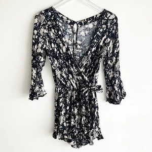Free People XS All The Right Ruffles Romper Black Floral Print Wrap Boho Spring - Picture 1 of 8