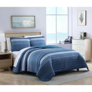 Nautica Quilt Set Full/Queen Cotton Reversible Soft Striped in Blue (3-Piece) - Picture 1 of 8