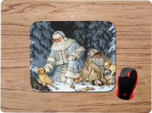 BLUE SANTA PUPPIES KITTENS WINTER FOREST SCENE ART CUSTOM MOUSE PAD DESK MAT - Picture 1 of 1