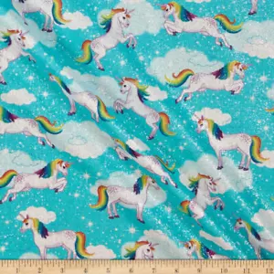 Stoff Einhörner verzaubert Glitzer auf Aqua KAUFMAN Baumwolle 1/4 Yard 4770 - Bild 1 von 2