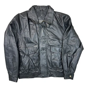 Vintage Real Leather Bomber Jacket Biker Retro 90s Y2K Black Mens Medium - Picture 1 of 7