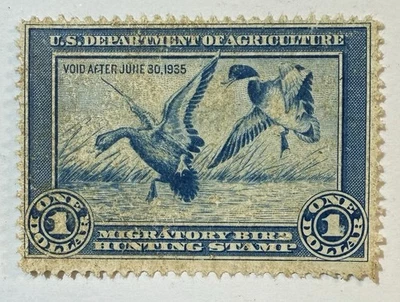 US #RW1 1934 $1 azul “Mallards Alighting” Fed. Sello de pato, sin usar/flts; $175 SCV Foto 1 de 3