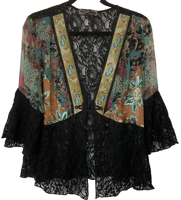 Spencer Alexis ~Kimono Top Jacket Black Multicolor Floral Lace Silk sz Petite XL - Image 1 of 4