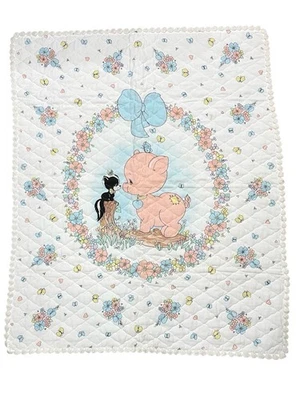 Vintage Precious Moments Baby Blanket Quilted Floral Pig Skunk White Blue Quilt - Image 1 of 4