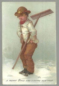 Merry Christmas A Happy New Year Card Boy and His Snow Shovel Vintage Holiday - Picture 1 of 1