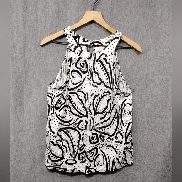 C&C California 100% Linen Geometric Tank Shirt Women's L Black White Boho Retro - Image 1 of 4