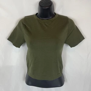 T-shirt femme New Day vert olive XS manches courtes manchettes col ras du cou extensible - Photo 1/11