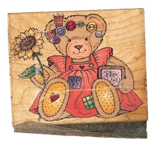 Landbär mit Sonnenblume Knopf Patches Nähen Teddy Puppe Holz Stempel - Bild 1 von 3