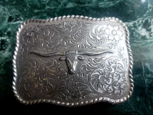 Longhorn Steer Trophy Silver Plated Western Belt Buckle - Picture 1 of 4