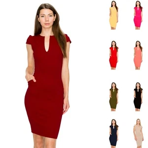 Cap Sleeve Midi Dress V-Neck Bodycon Zipper Back Pockets D3390 - Picture 1 of 53