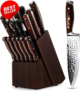 15P Kitchen Knife Set High Carbon German Stainless Steel Wooden Block Chef Steak - Picture 1 of 12