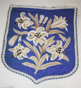 ANTIQUE VICTORIAN FIREPLACE FACE SCREEN BEADED LILIES PANEL, NEEDLEPOINT, 1860s - Picture 1 of 9