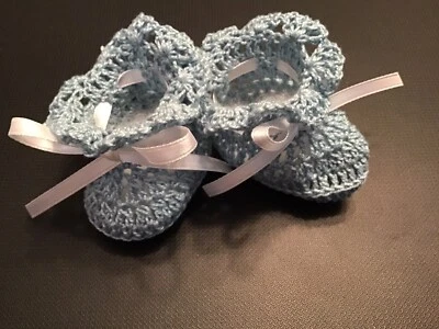 Crochet Baby Shoes Baby Booties Doll Shoes Doll Booties Shell Blue White Ribbon - Image 1 of 2
