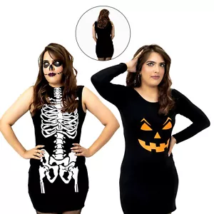 Womens Halloween Skeleton Bones Pumpkin Bodycon Dress Glow In The Dark Costume - Picture 1 of 14