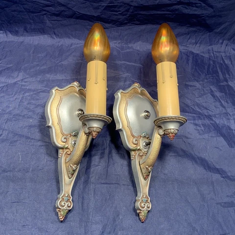 Pair of antique polychrome “Riddle” wall Art Deco sconces Rewired 123B Cover