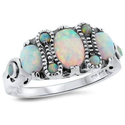 VICTORIAN STYLE 925 SOLID STERLING SILVER LAB-CREATED OPAL FILIGREE RING    143X - Image 1 of 4