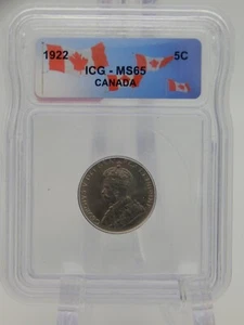 1922 Canada 5 Cent Piece Coin - Nickel - ICG Graded MS 65 (BT771) - Picture 1 of 4