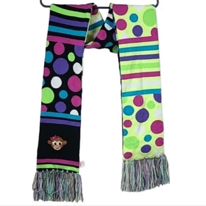 Justice Colorful Reversible Knit Fringe Trim Monkey Embroidered Long Scarf Dots - Picture 1 of 10