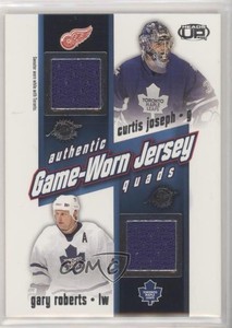 2002-03 Pacific Heads Up Game-Worn Jersey Quads Curtis Joseph Gary Roberts #26