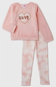 Bmagical Girls Pajamas Pink 10 2 Piece Set Plush Top Tie Dye Pants Sequins Heart - Picture 1 of 12