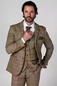 MENS PAUL ANDREW HARRIES BROWN TAILORED FIT CHECK TWEED WEDDING 3 PCE SUIT 36-52 - Picture 1 of 6