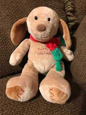 PRESTIGE TOY 棕褐色毛绒填充小狗 MERRY CHRISTMAS 红色绿色围巾 婴儿  — 第 1/4 张图片