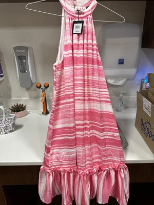 💗🤍 Mini Vestido TRINA TURK Rosa Blanco Rayas Halter Zuri 2 Cambios Volantes M = 6/8 Foto 1 de 4