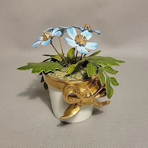 Ted Arnold Brass Metal Enamel Porcelain Blue Flower in Pot - Picture 1 of 5