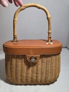 Handbag J McLaughlin Wicker Leather Bamboo Handle Purse - Picture 1 of 11