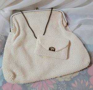 VTG 1960s WHITE Beaded HAND BAG Purse with CHAIN PLUS Change Purse Matching - Picture 1 of 12