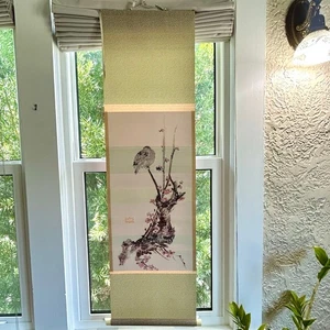 Vintage Asian Wall Scroll with Bird and Cherry Blossoms – 48” Long - Picture 1 of 22