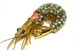 Iradj Moini Turquoise Coral Cabochon Large Crawfish Shrimp Brooch - Picture 1 of 7