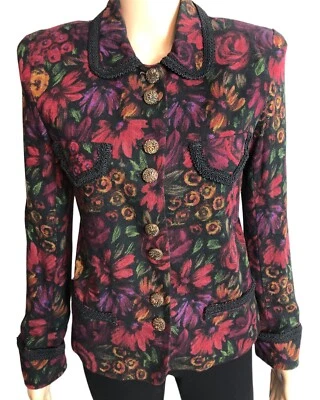 Chaqueta De Colección Años 80 Negra Floral Botón Talla 4 Informal Esquina Victoriana Gótica Foto 1 de 4