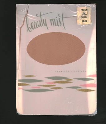 Beauty Mist Mesh Nylon Garter Stockings Roseglo Beige sz 9 Short 1960s - Image 1 of 2