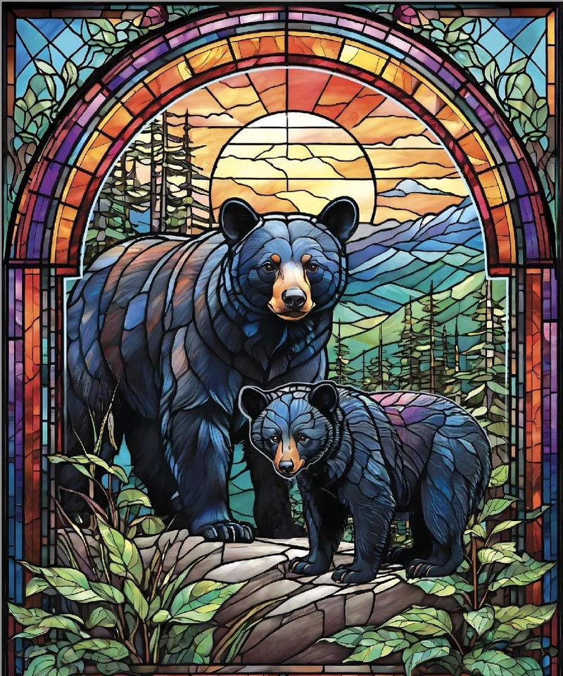 REGAL COMFORT Black Bear & Cub Stained Glass Faux Fur Throw Blanket 50" x 60"